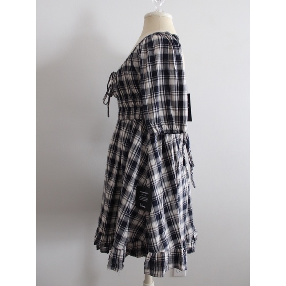 Lulus NWT Plaid Countryside Aura Navy Blue Plaid Short Sleeve Mini Dress Small - Picture 7 of 14